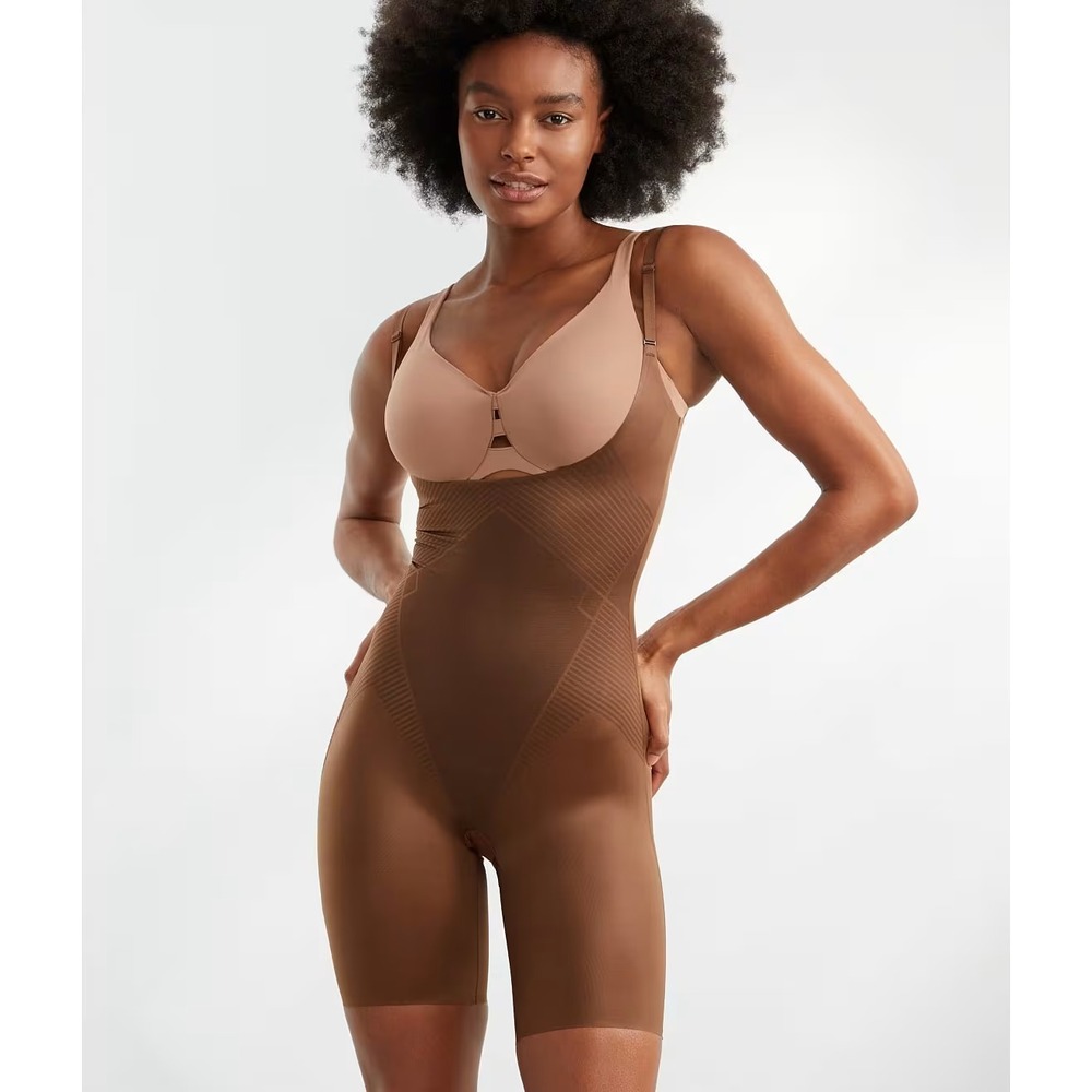 SPANX Thinstincts 2.0 Open Bust Mid Thigh Shapewear Bodysuit‎ Size 3X Brown